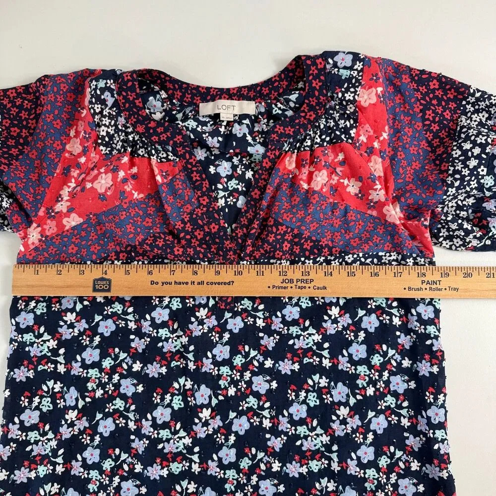 LOFT Women's Puff Sleeve Top Red White Blue Floral 100% Cotton Size XS
